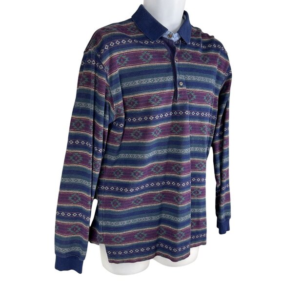 Vintage L.L. Bean Mens M Native Aztec Long Sleeve Polo Shirt 1990 Jamaica Made - Picture 9 of 13